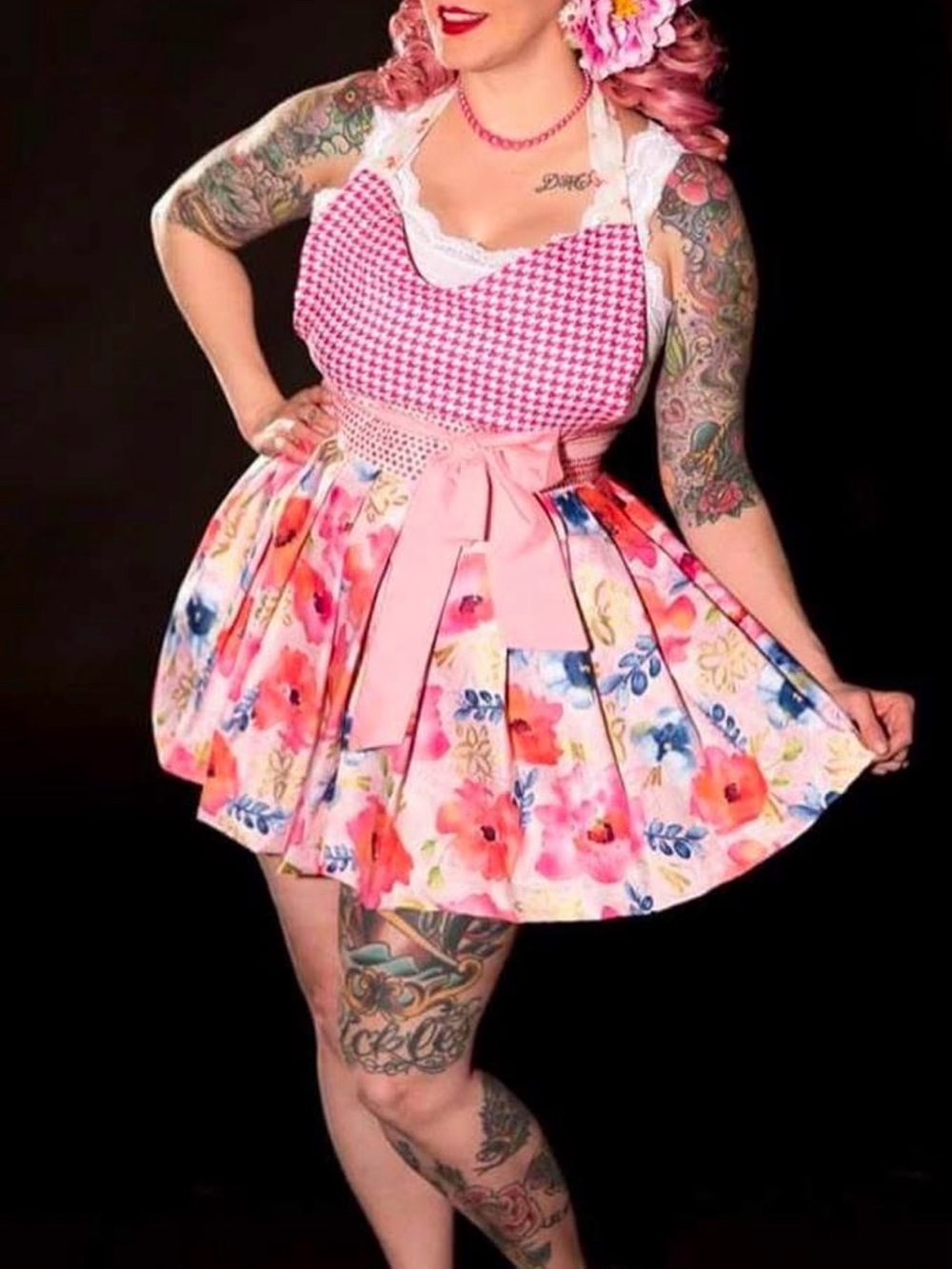 Pink Floral and Gingham Tie Apron with Waist Bow